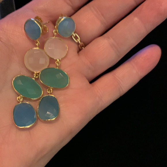 Beautiful Gemstone Dangle Earrings.  Gold four stone dangle earrings. - Picture 5 of 7